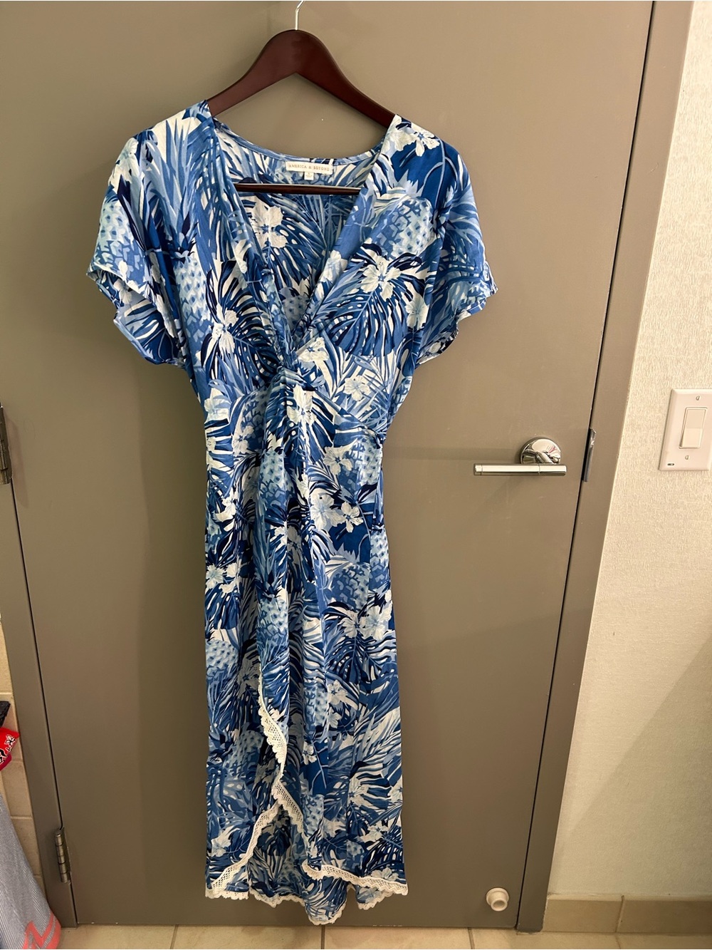 Blue Tropical Wrap Maxi Dress with Lace Trim
